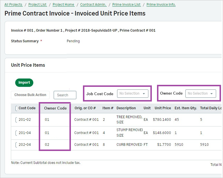 The Owner Code in the Cost Plus Items page of the Unit Price Items page.