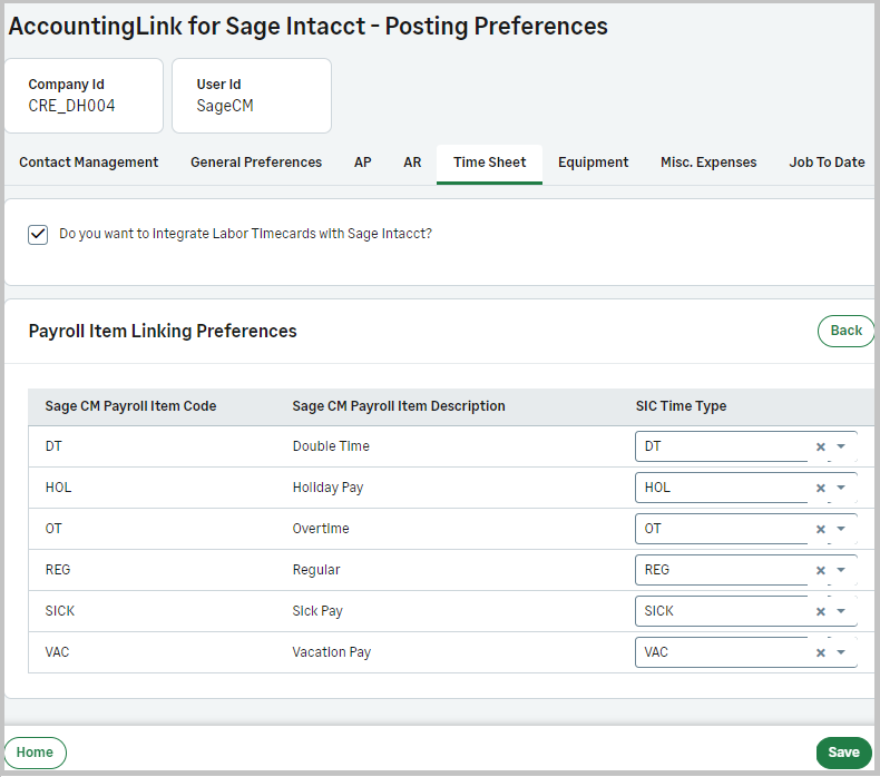 The Payroll Item Linking page.