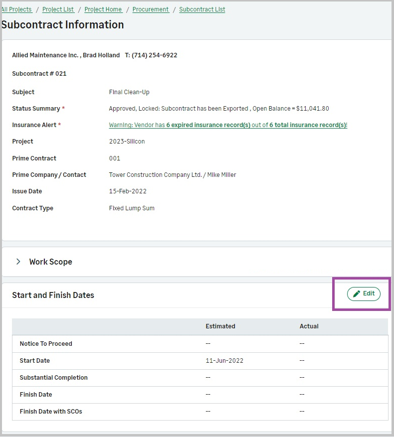 Edit subcontract information.